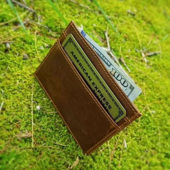 Men's Genuine Crazy Horse Leather Card Case Brown - Picture 3 of 5